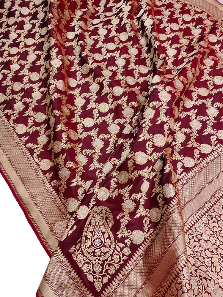 Maroon Handloom Banarasi Pure Katan Silk Sona Roopa Saree - Luxurion World