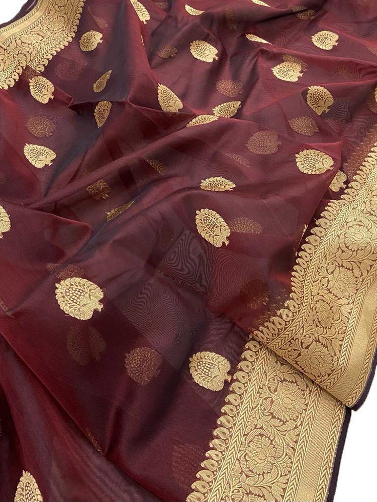 Maroon Handloom Banarasi Pure Kora Silk Saree - Luxurion World