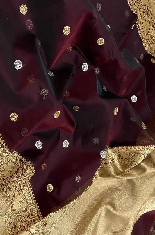 Maroon Handloom Banarasi Pure Kora Silk Sona Roopa Saree - Luxurion World