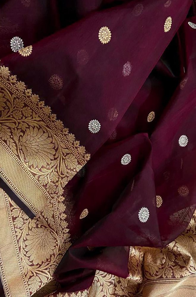 Maroon Handloom Banarasi Pure Kora Silk Sona Roopa Saree - Luxurion World