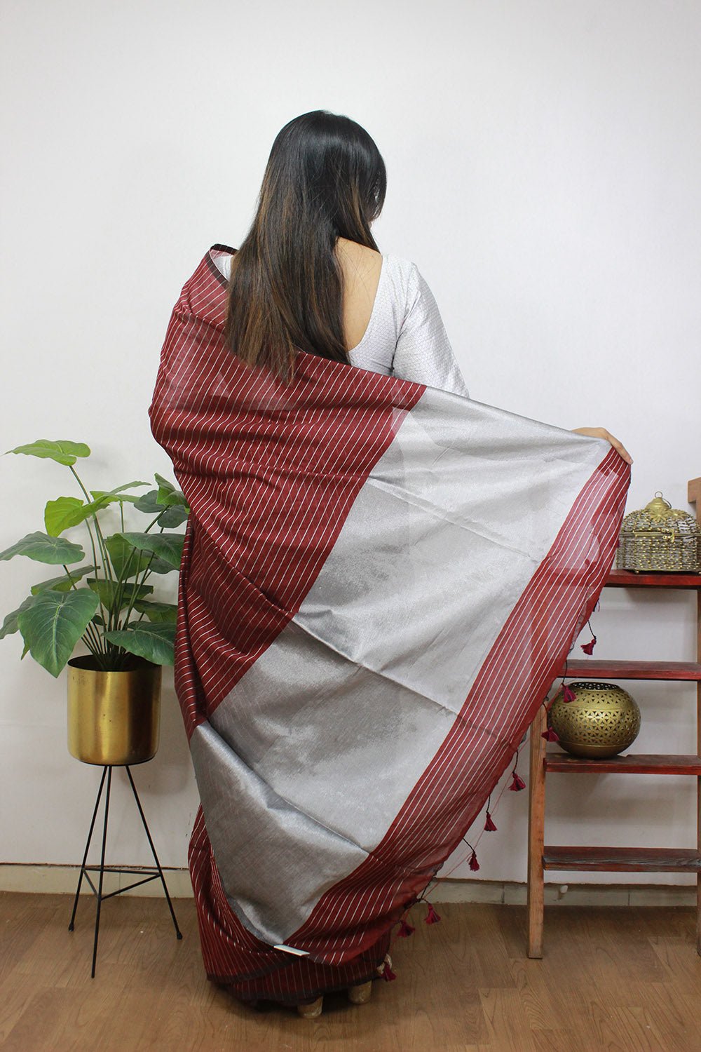 Maroon Handloom Bengal Tussar Cotton Silver Zari Stripe Design Saree - Luxurion World