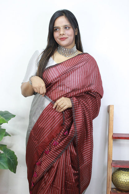 Maroon Handloom Bengal Tussar Cotton Silver Zari Stripe Design Saree - Luxurion World
