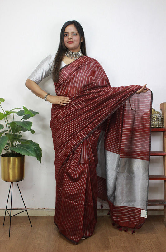Maroon Handloom Bengal Tussar Cotton Silver Zari Stripe Design Saree