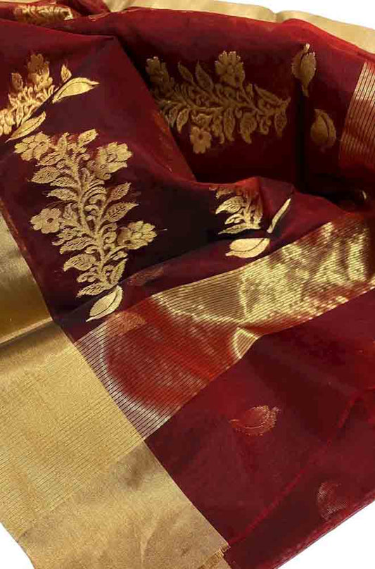 Maroon Handloom Chanderi Pure Katan Organza Silk Saree - Luxurion World