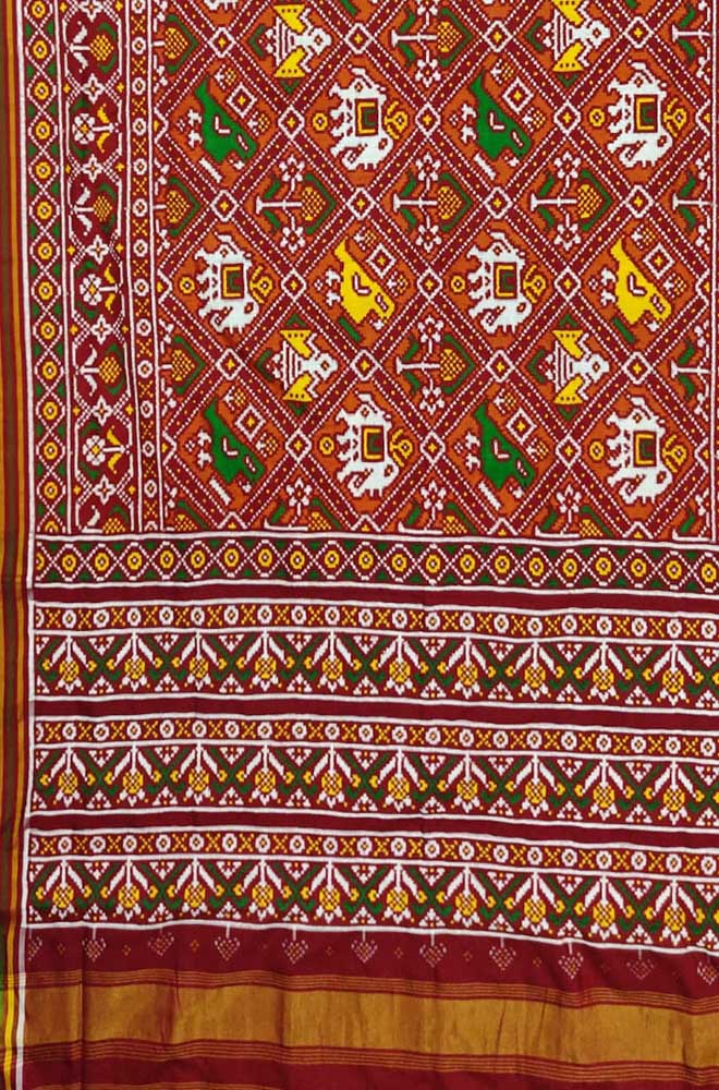 Maroon Handloom Double Ikat Patan Patola Pure Silk Saree - Luxurion World