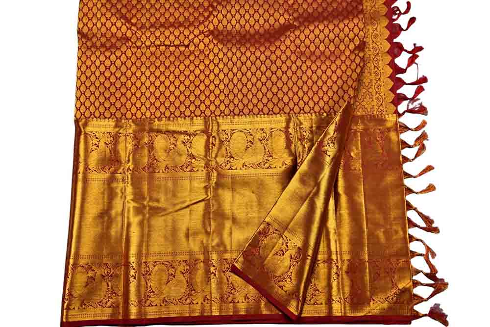 Maroon Handloom Kanjeevaram Pure Silk Saree - Luxurion World