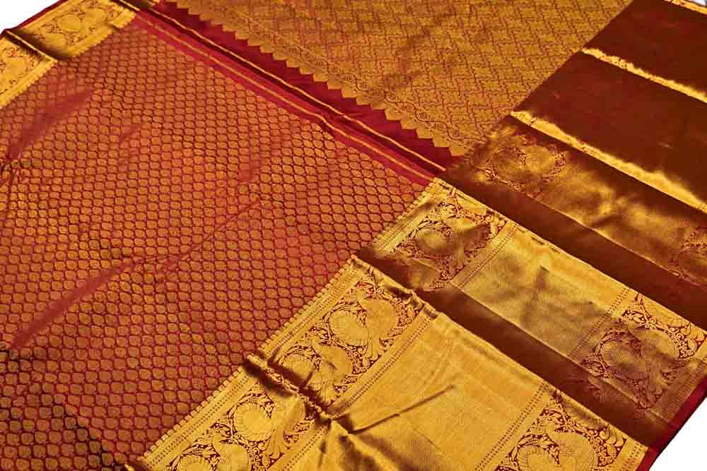 Maroon Handloom Kanjeevaram Pure Silk Saree - Luxurion World