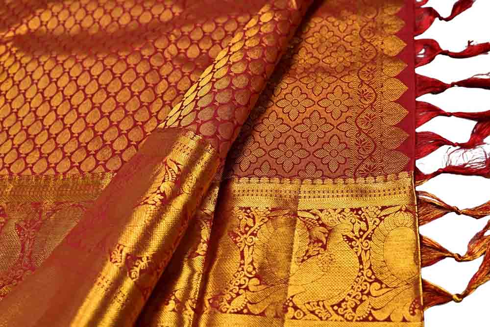 Maroon Handloom Kanjeevaram Pure Silk Saree - Luxurion World