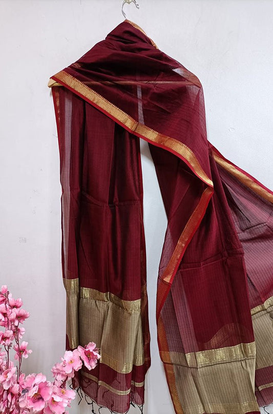 Maroon Handloom Maheshwari Silk Cotton Dupatta