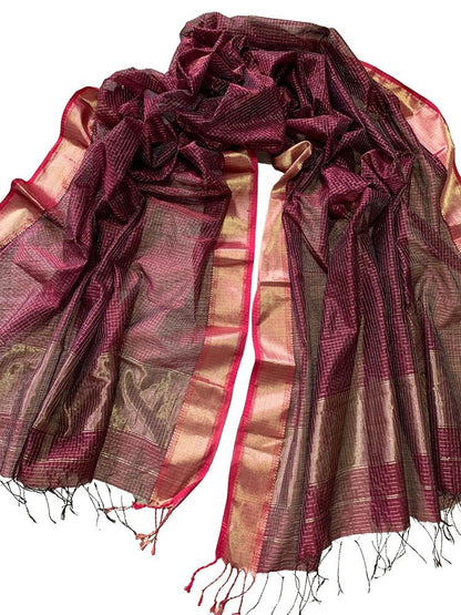 Maroon Handloom Maheshwari Silk Cotton Dupatta - Luxurion World