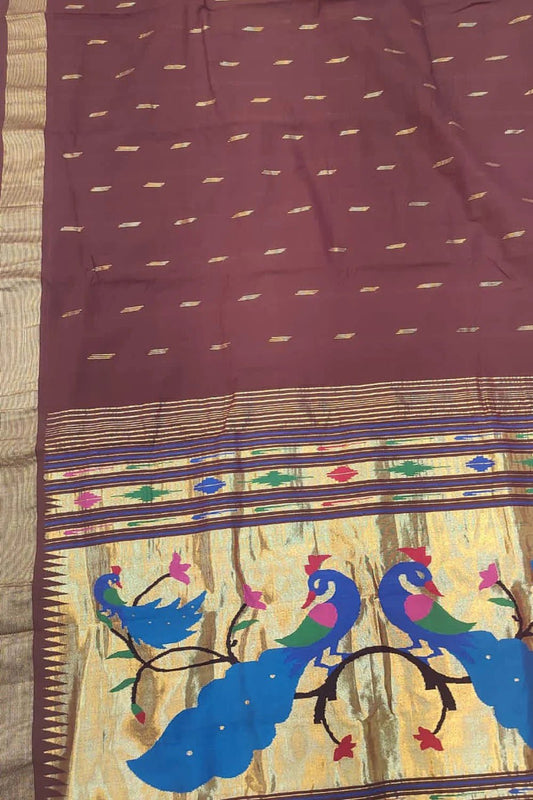 Maroon Handloom Paithani Pure Cotton Peacock Design Saree - Luxurion World