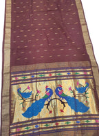 Maroon Handloom Paithani Pure Cotton Peacock Design Saree - Luxurion World