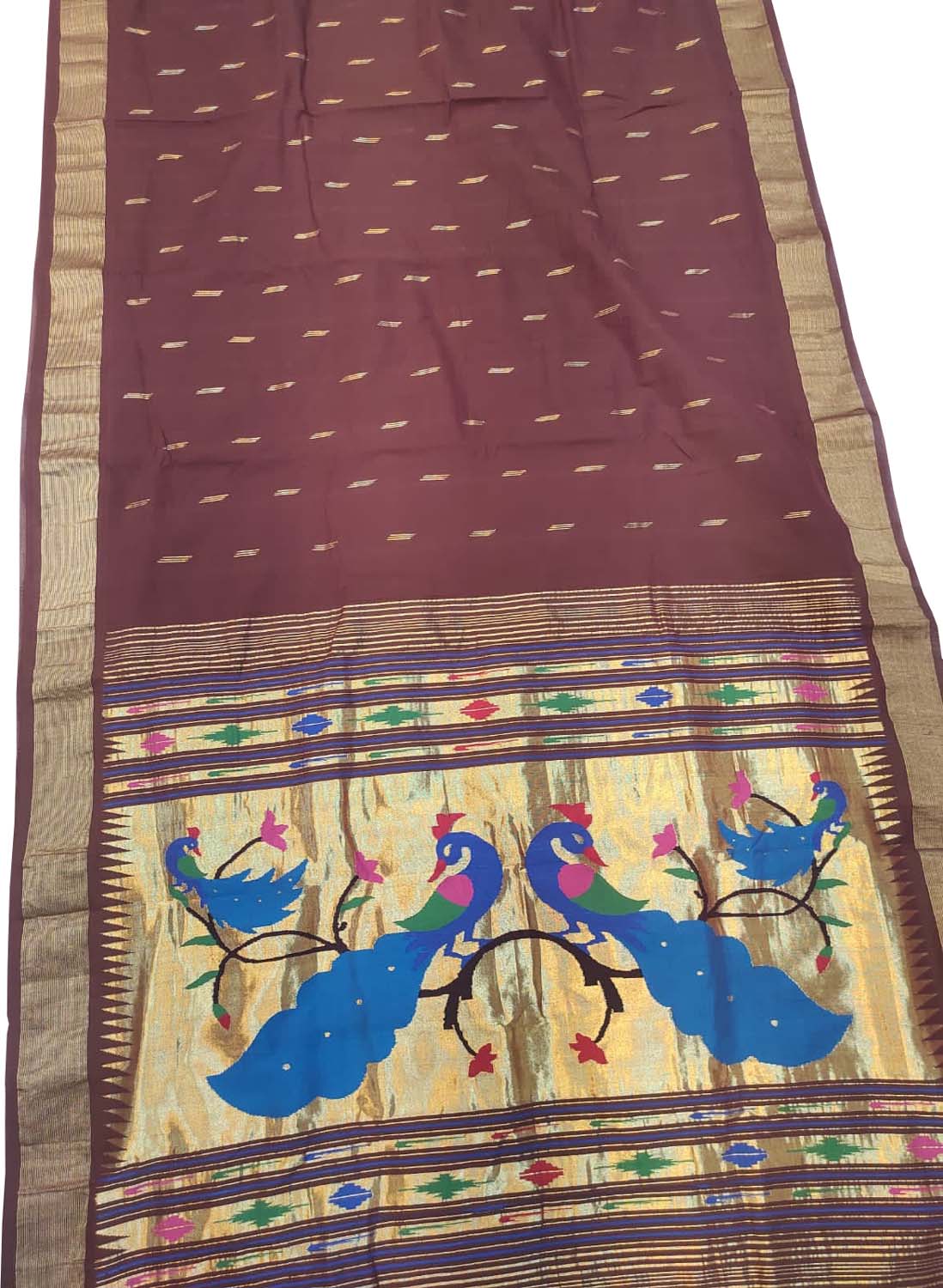 Maroon Handloom Paithani Pure Cotton Peacock Design Saree - Luxurion World