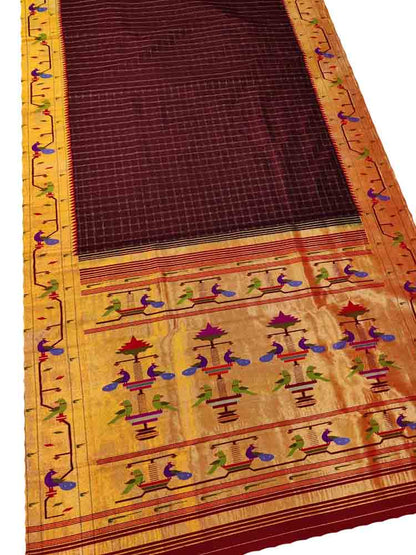 Maroon Handloom Paithani Pure Silk Muniya Border Peacock Design Saree - Luxurion World