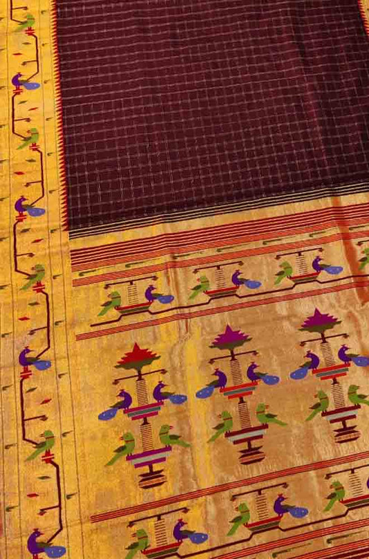 Maroon Handloom Paithani Pure Silk Muniya Border Peacock Design Saree - Luxurion World