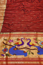 Maroon Handloom Paithani Pure Silk Triple Muniya Border Peacock Design Saree - Luxurion World
