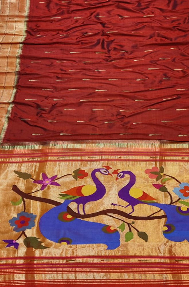 Maroon Handloom Paithani Pure Silk Triple Muniya Border Peacock Design Saree - Luxurion World