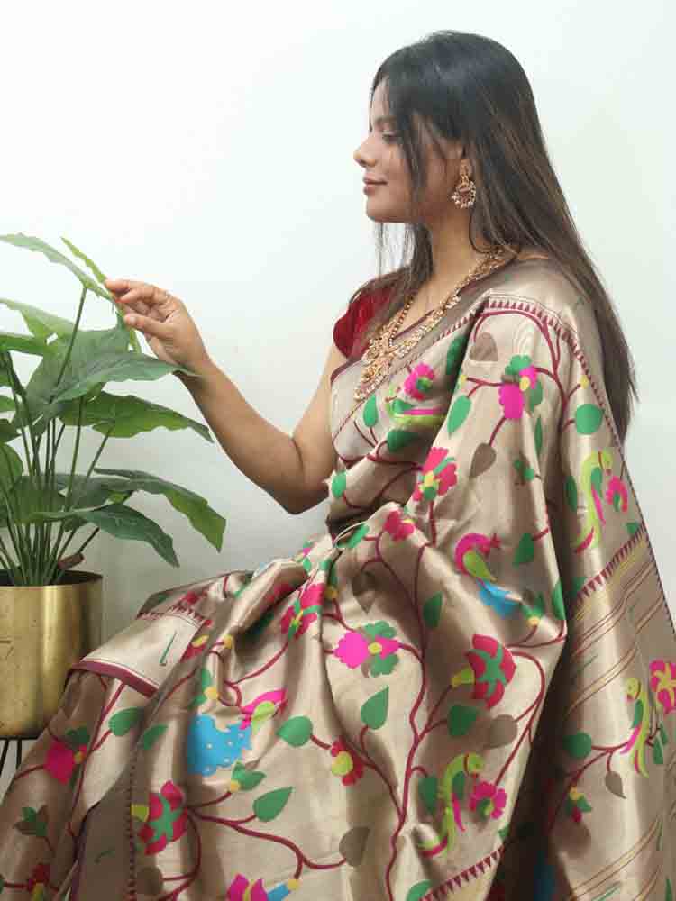 Maroon Paithani Brocade Silk Bird And Flower Design Saree Luxurionworld
