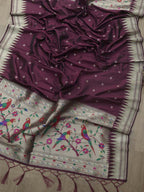 Elegant Maroon Paithani Silk Bird & Floral Design Dupatta - Luxurion World