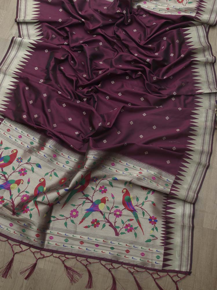 Elegant Maroon Paithani Silk Bird & Floral Design Dupatta - Luxurion World