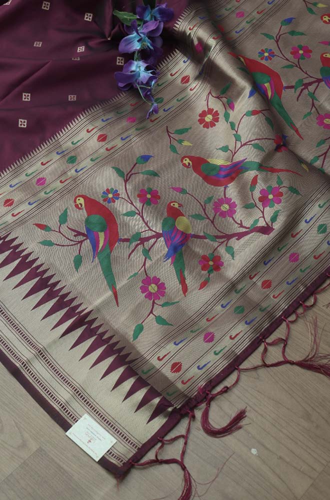 Elegant Maroon Paithani Silk Bird & Floral Design Dupatta - Luxurion World