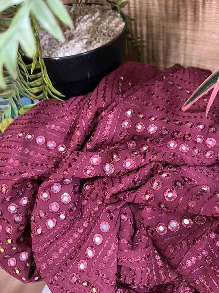 Maroon Trendy Georgette Foil Mirror Work Fabric ( 1 Mtr ) - Luxurion World