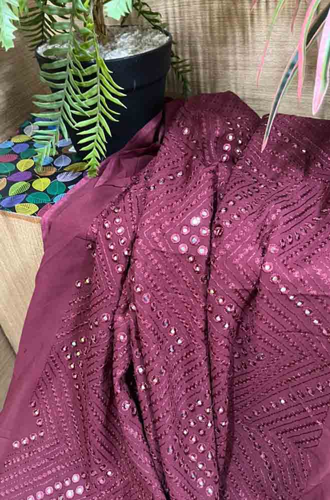 Maroon Trendy Georgette Foil Mirror Work Fabric ( 1 Mtr ) - Luxurion World