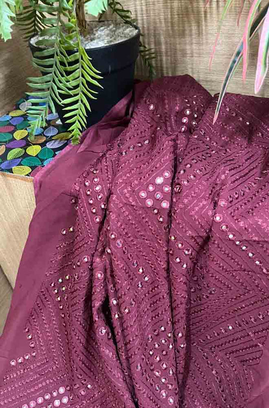 Maroon Trendy Georgette Foil Mirror Work Fabric ( 1 Mtr ) - Luxurion World