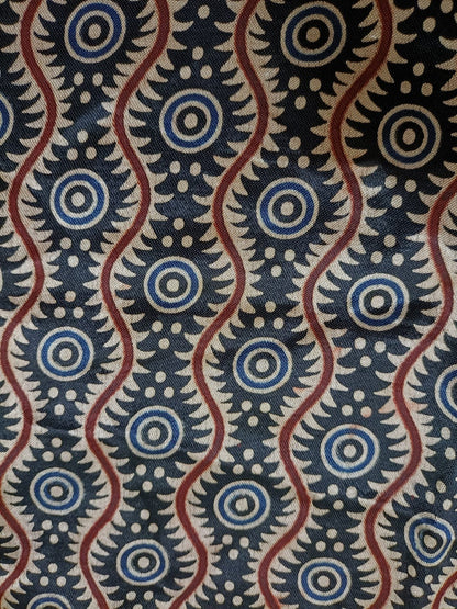 Multicolor Block Printed Ajrakh Mashru Silk Fabric (1 mtr)