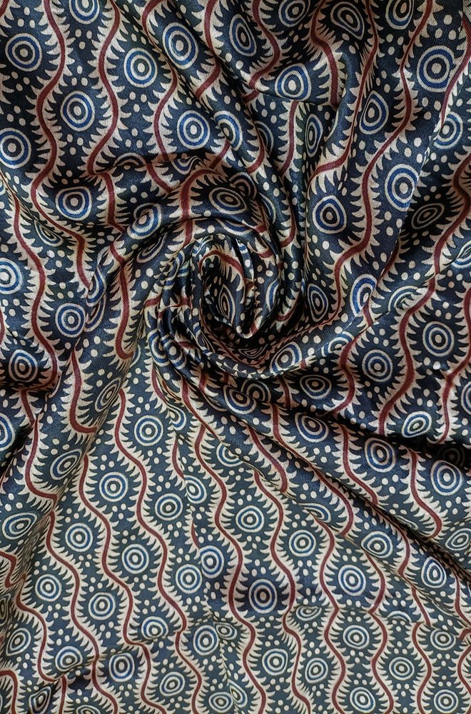 Multicolor Block Printed Ajrakh Mashru Silk Fabric (1 mtr)