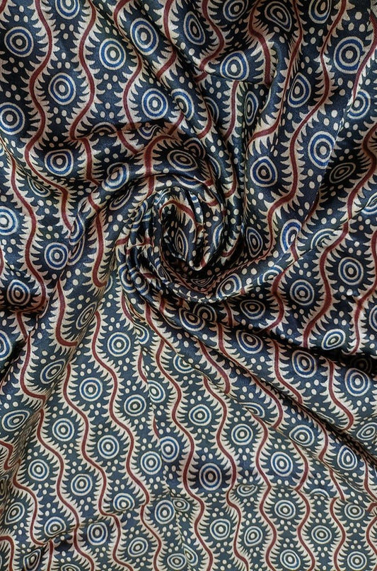 Multicolor Block Printed Ajrakh Mashru Silk Fabric (1 mtr) - Luxurion World