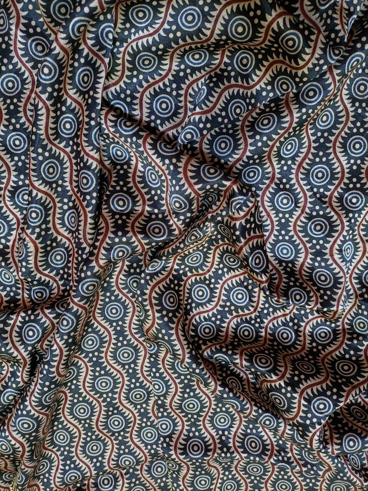 Multicolor Block Printed Ajrakh Mashru Silk Fabric (1 mtr) - Luxurion World
