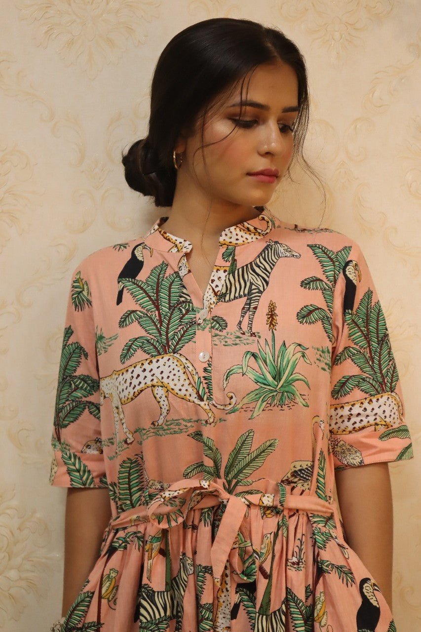 Multicolor Block Printed Pure Cotton One Piece Dress - Luxurion World