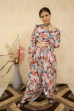 Multicolor Digital Print Crepe Crop Top with Cawl Drape Pant - Luxurion World