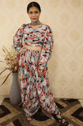 Multicolor Digital Print Crepe Crop Top with Cawl Drape Pant - Luxurion World