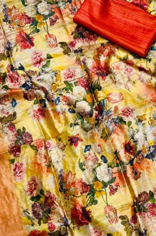 Multicolor Digital Printed Tussar Silk Two Piece Unstitched Suit Set