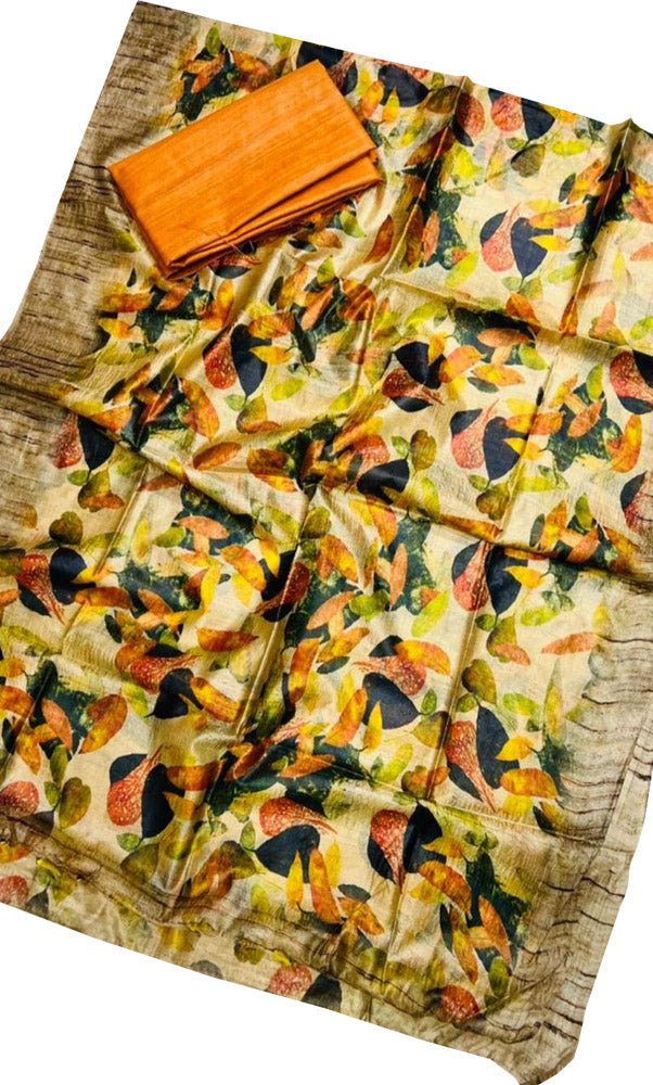 Multicolor Digital Printed Tussar Silk Two Piece Unstitched Suit Set - Luxurion World