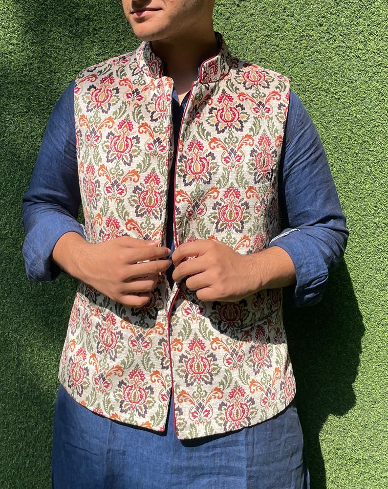 Multicolor Digital Printed Velvet Nehru Jacket - Luxurion World