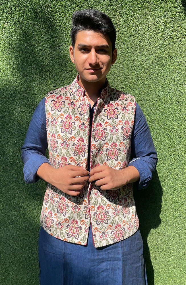 Multicolor Digital Printed Velvet Nehru Jacket - Luxurion World