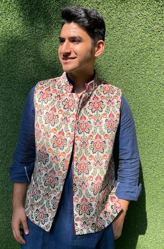 Multicolor Digital Printed Velvet Nehru Jacket - Luxurion World