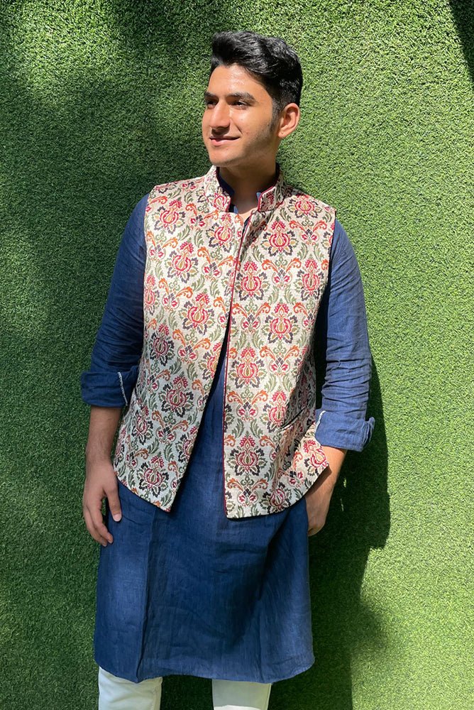 Multicolor Digital Printed Velvet Nehru Jacket - Luxurion World