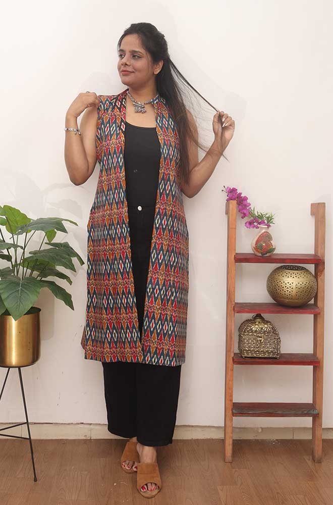 Multicolor Double Ikat Pure Cotton Reversible Jacket - Luxurion World