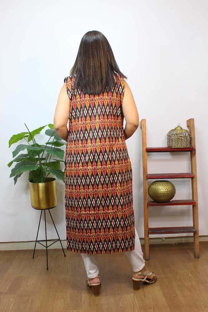 Multicolor Double Ikat Pure Cotton Reversible Long Jacket - Luxurion World
