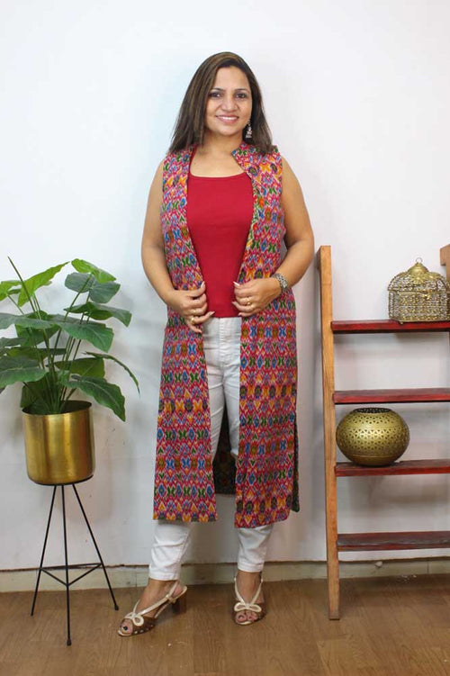 Multicolor Double Ikat Pure Cotton Reversible Long Jacket - Luxurion World