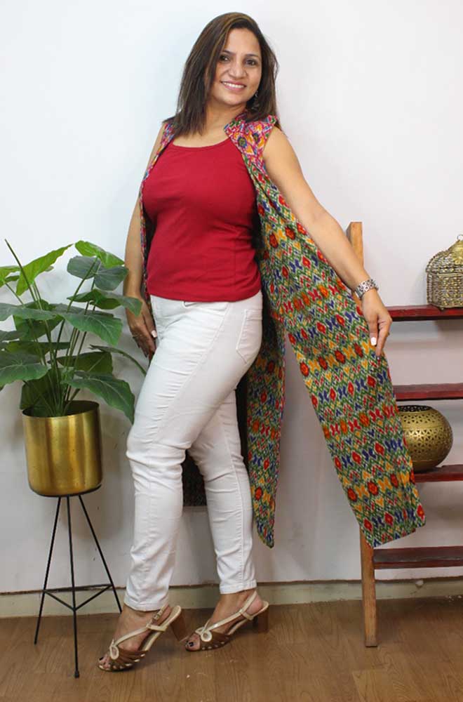 Multicolor Double Ikat Pure Cotton Reversible Long Jacket - Luxurion World