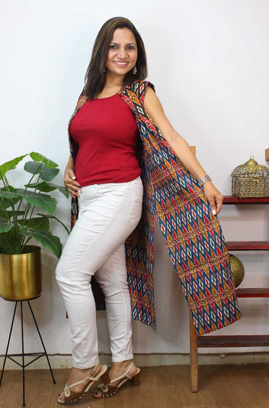 Multicolor Double Ikat Pure Cotton Reversible Long Jacket - Luxurion World