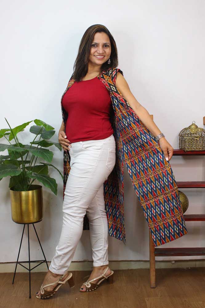 Multicolor Double Ikat Pure Cotton Reversible Long Jacket - Luxurion World