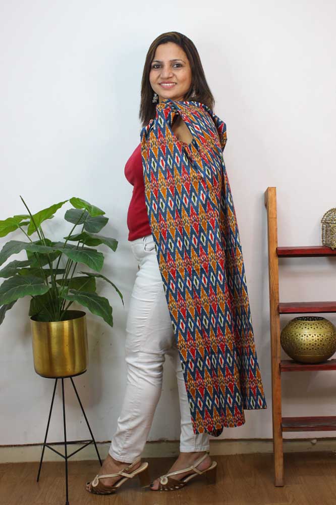 Multicolor Double Ikat Pure Cotton Reversible Long Jacket - Luxurion World