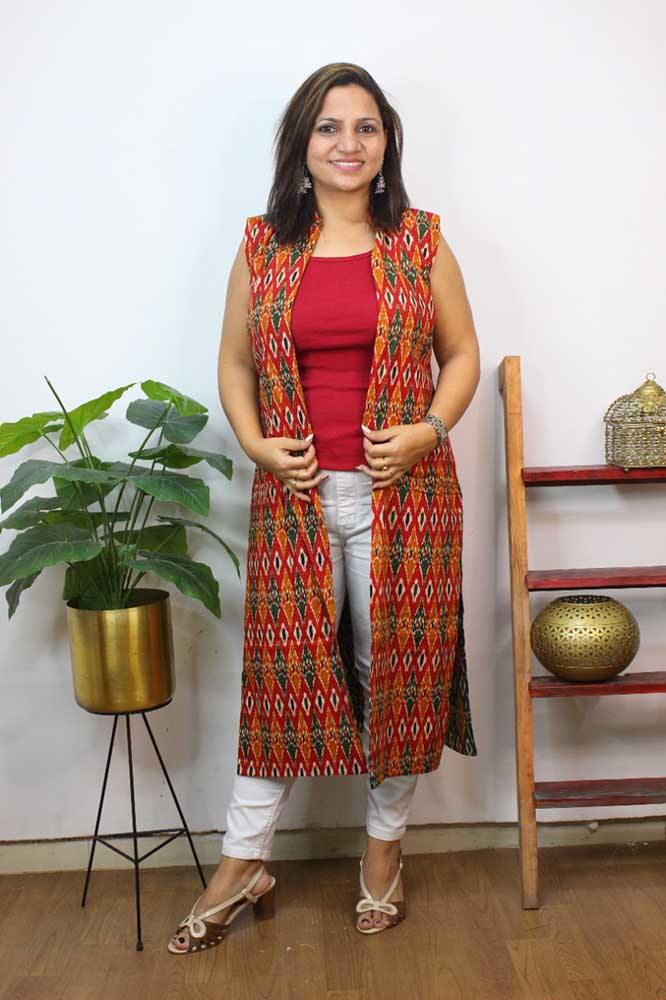 Multicolor Double Ikat Pure Cotton Reversible Long Jacket - Luxurion World