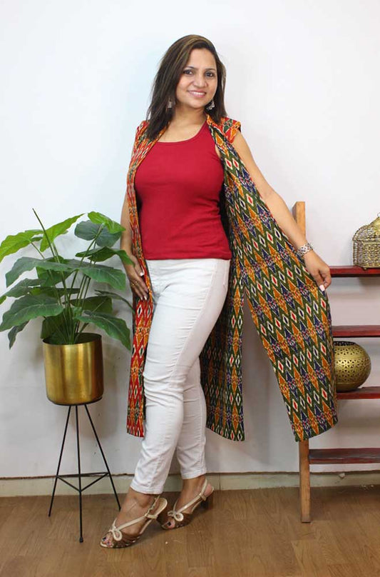 Multicolor Double Ikat Pure Cotton Reversible Long Jacket - Luxurion World